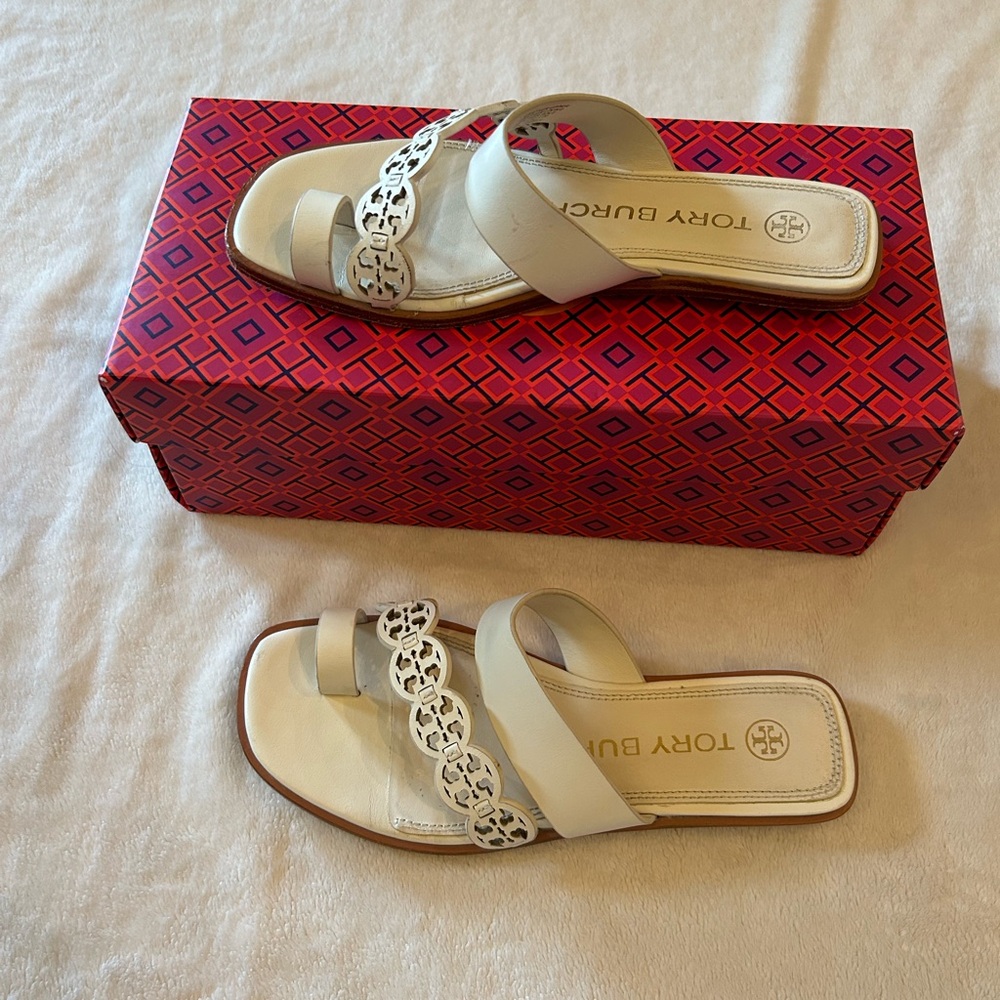 Tory Burch White Leather Slides